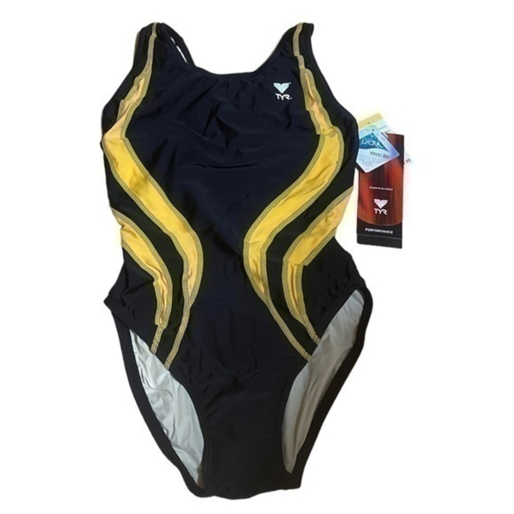 TYR Girls Black and Yellow One-Piece Swimsuit NWT- size 32 XS (Girls 14)